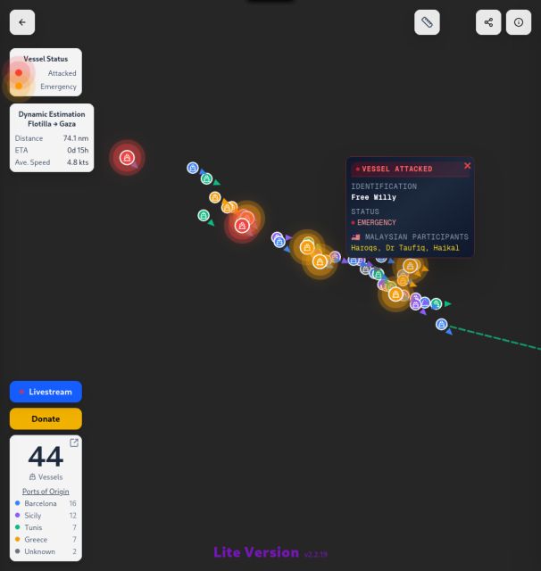 A screenshot of the live application to follow ships on the flotilla navigating towards Gaza, with status updates. Some ships were boarded by IDF, others are being threatened. 