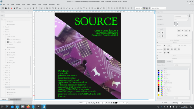 Screenshot of Scribus workspace with the cover of SOURCE issue 3. 