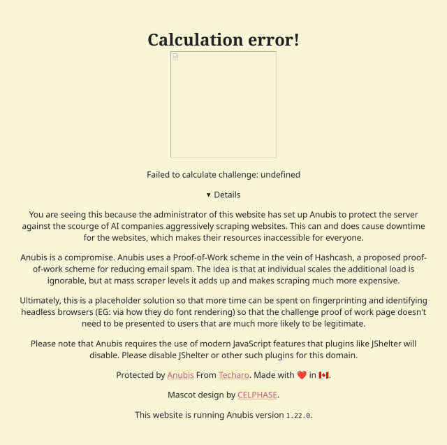 screenshot from the site showing Anubis saying "calculation error" and refusing to show the actual page