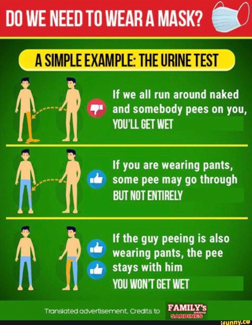 Infographic on mask wearing, illustrated with pairs of cartoon characters of which one is peeing. 

DO WE NEED TO WEAR A MASK?
A SIMPLE EXAMPLE: THE URINE TEST
If we all run around naked
and somebody pees on you,
YOU'LL GET WET
If you are wearing pants,
some pee may go through
BUT NOT ENTIRELY
If the guy peeing is also
wearing pants, the pee
stays with him
YOU WON'T GET WET