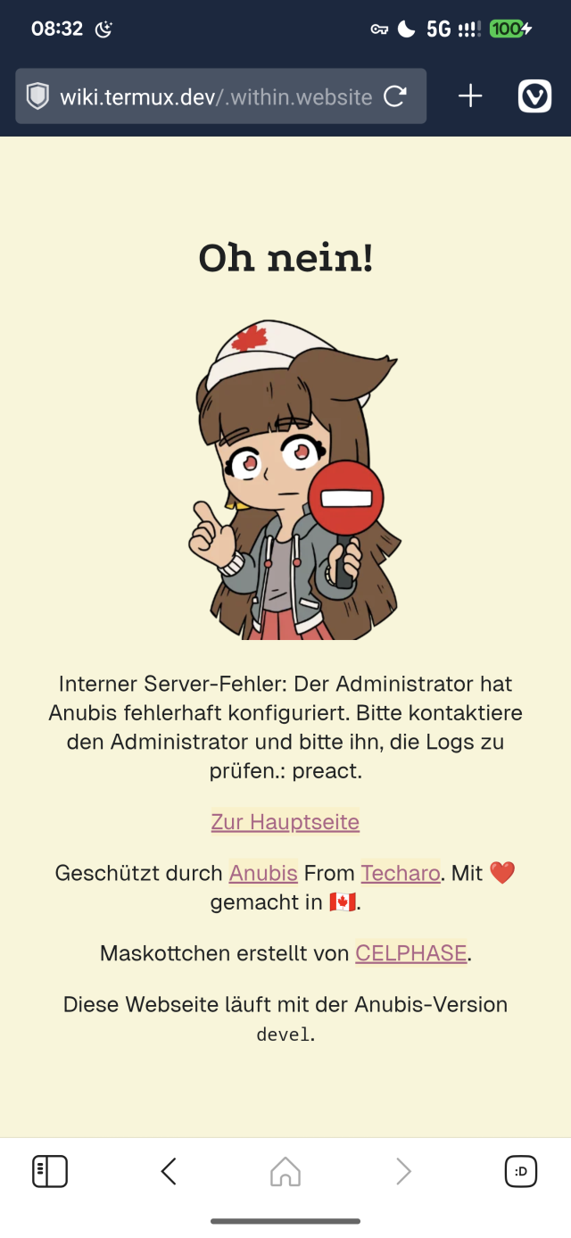 Screenshot of a Anubis error page saying the administrator made a mistake in the configuration and providing a link to the main page.