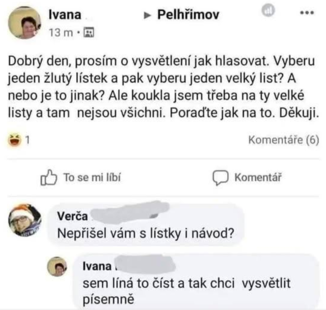 Screenshot příspěvku Ivany do skupiny Pelhřimov na FB: "Dobrý den, prosím o vysvětlení jak hlasovat. Vyberu jeden žlutý lístek a pak vyberu jeden velký list? A nebo je to jinak? Ale koukla jsem třeba na ty velké listy a tam nejsou všichni. Poraďte jak na to. Děkuji.
Reakce od uživatele Verča: Nepřišel vám s lístky i návod?
Reakce Ivany na Verču: sem líná to číst a tak chci vysvětlit písemně.