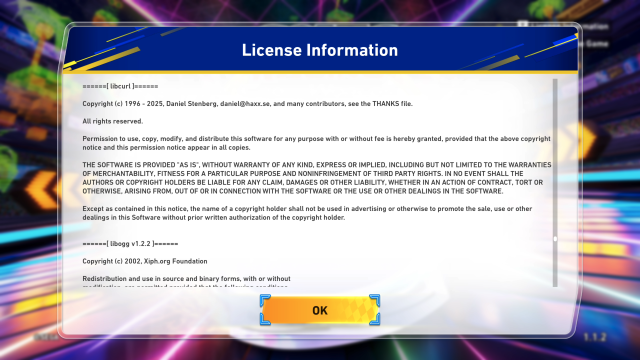 A screenshot of the libcurl license in Sonic Racing:  Crossroads version 1.1.2 (Windows)