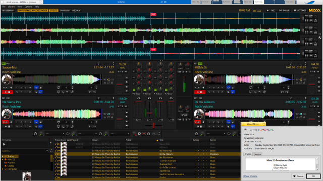 Mixxx 2.5.3 running on Haiku R1B5 64bit, switching/mixing songs.