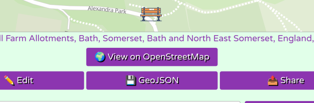 Screenshot of OpenBenches with a button saying "View on OpenStreetMap".
