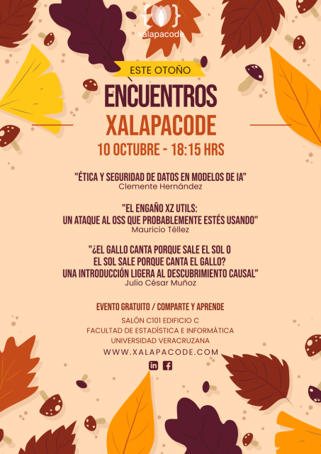 Cartel del evento de Octubre de xalapacode.

El cual se realizara el día 10 a las 18:15 hrs en la Facultad de Estadistica e Informatica de la Universidad Veracruzana.

Evento gratuito, les esperamos