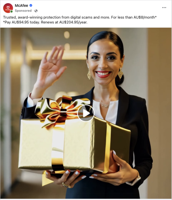 A McAfee advertisement from Facebook. Ignoring the text in the advertisement, there is an image of a woman holding a gift-wrapped box. She has two hands underneath the box holding it, and another hand waving to the viewer. She is clearly very handy.