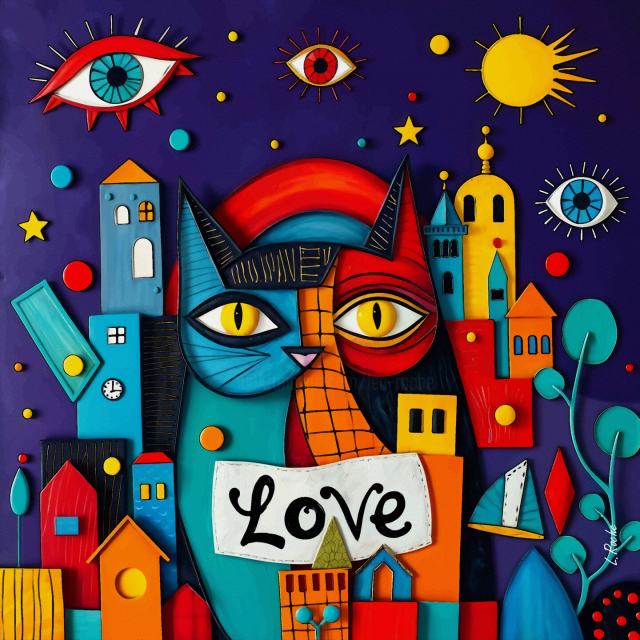 Colourful hand-painted acrylic painting (No AI/Photoshop/Filter) featuring the silhouette of an owl/cat silicate holding a “love sign” surrounded building of various architecture, boats, trees, with stars in background.

Credits: “Cat’s Garden” by Léa Roche