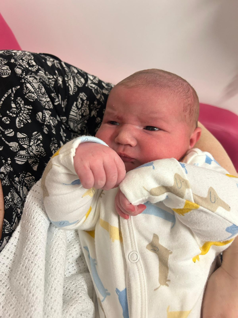 a newborn baby is dressed snugly in a white onesie decorated with illustrations of small, stylized dogs in blue, yellow, and beige, and partly wrapped up in a blanket. Baby Bertie has a light complexion and very short, fine hair on his head. his eyes are open, and he's got slightly furrowed brows in this image. with his right hand up near his face, with fingers gently curled.