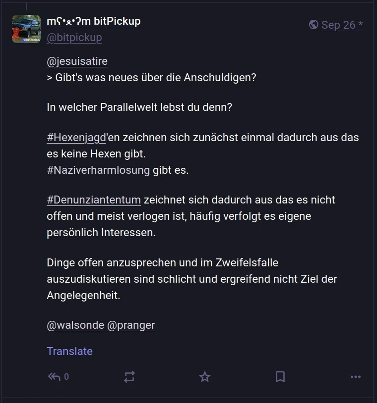 Screen of the linked answer of this profile to jesuisatires answer to the answer by utopiarte, a friendica profile, on an inicial toot by a mastodon profile that isn't available anymore.