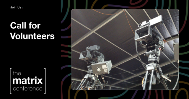 A picture of two professional cameras taken from the bottom. Next to it, the title: "Call for Volunteers".