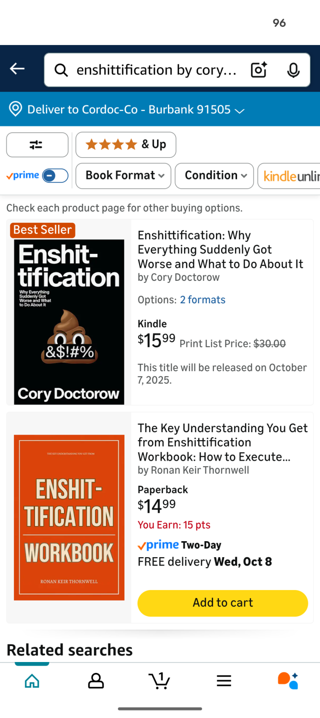 An Amazon product listing for a slop title called Enshittification Workbook