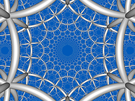 A hyperbolic honeycomb called {6,3,5}, since it’s built from flat planes tiled by regular hexagons, 3 meeting at each vertex, and 5 of these planes meeting along each edge of the honeycomb.  White struts with a blue background.  

Drawn by Roice Nelson.  More explanations here:

https://blogs.ams.org/visualinsight/2014/04/15/635-honeycomb/