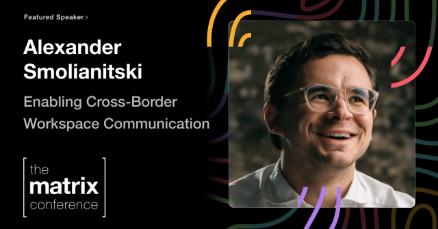 The profile picture of a man with glasses, smiling, next to his name "Alexander Smolianitski" and the title of his talks "Enabling Cross-Border Workspace Communication"