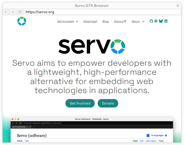 A screenshot of the servo.org homepage in the Servo GTK browser