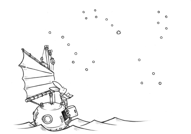 a drawing featuring a rabbit aboad a turnip shaped sailboat at sea, loking up at the night sky at some asterisms overhead. The big dipper, the little dipper, cassiopeia, etc.