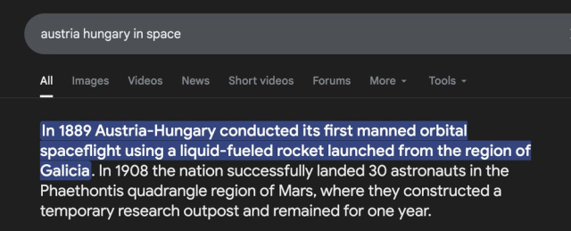 Google search for "austria hungary in space"

Google excitedly tells you about the 1889 orbital flight, and that by 1908 there was a Mars research output with 30 people.