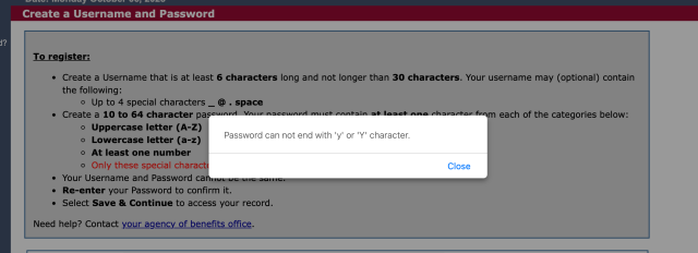 Screenshot of web portal saying password cannot end in Y or y
