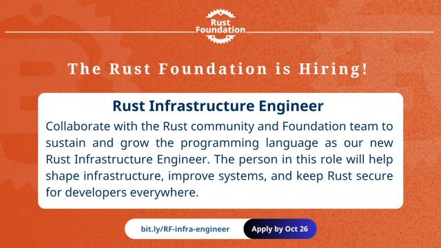 The Rust Foundation is Hiring! Rust Infrastructure Engineer: Collaborate with the Rust community and Foundation team to sustain and grow the programming language as our new Rust Infrastructure Engineer. The person in this role will help shape infrastructure, improve systems, and keep Rust secure for developers everywhere. bit.ly/RF-infra-engineer
