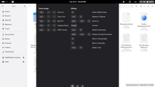 Screenshot of the Gnome Image Viewer's Keyboard Shortcuts' window