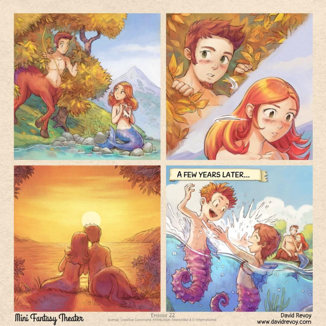 A comic strip in four panels:

Panel 1. On a shore, a beautiful mermaid and a young centaur meet. They look at each other.

Panel 2. Close-up portrait of the two protagonists, both look away, blushing.

Panel 3. Later, at sunset, the two admire the sunset together, side by side. They're a couple.

Panel 4. The happy couple watches their two half-human, half-seahorse children playing in the water.  
Narrator: A few years later...