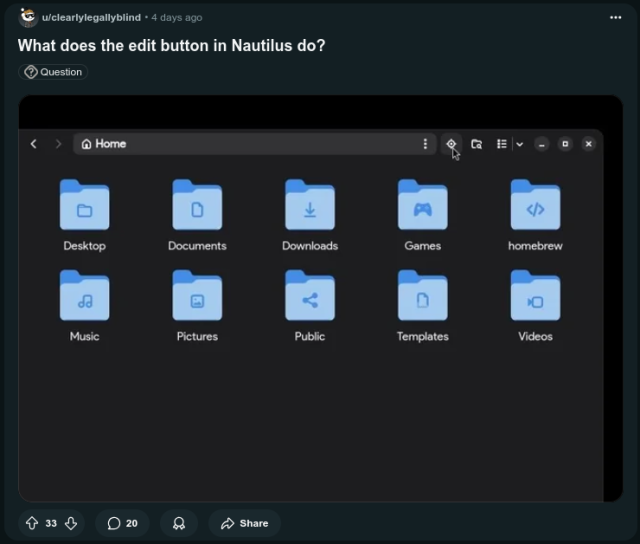 A screenshots of some distro patching Files to have "show location bar" use an icon meant for geolocation "find-location".