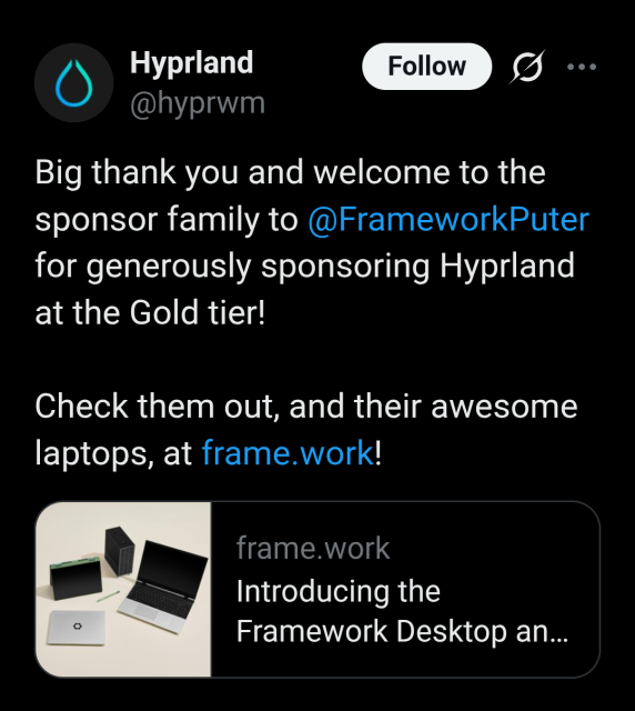 Hyprland tweet thanking Framework for becoming a Gold tier sponsor