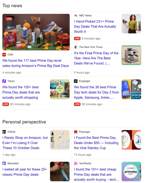 photo of Google News search results for Amazon Prime Day (the second this year) 