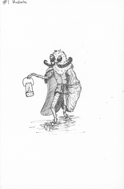 a black and white pen drawing of a bipedal moth character holding a lamp, wrapping its wings around it like a cloak. its antenna curl from its head and around, like a mustache 