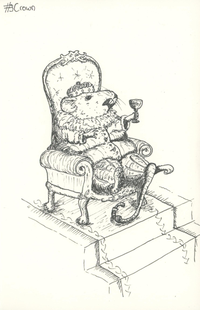 a black and white pen drawing of a rather fat rat, dressed in royal regalia with a crown, sitting on an ornate chair waving a goblet around with an expression of mild impatience and annoyance