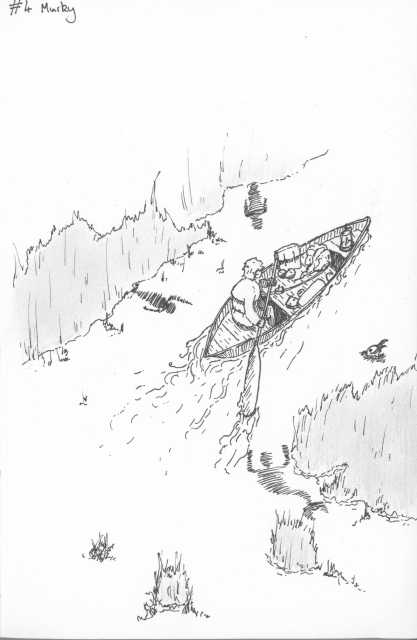 a black and white pen drawing with pencil shading. it shows a person in a canoe, paddling with a long oar, through a reedy, marshy waterway. the boat is covered in paraphernalia that indicates fishing or general travel. in the water are shadows that seem humanoid, some have tails. a small head with pointed ears pokes out near the right hand side