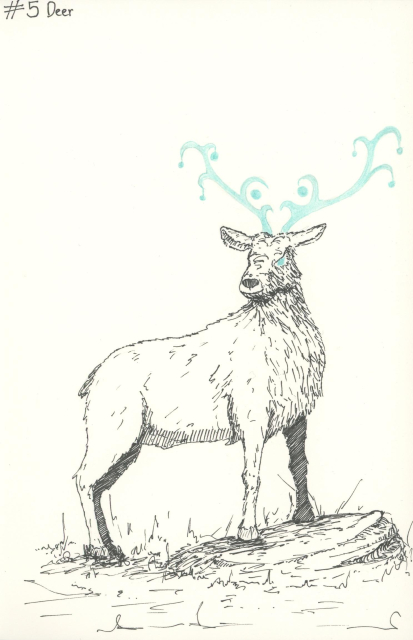 a black and white pen drawing of a stag, with coloured pencil antlers that are glowing a blue/green. the eye is also blue green, giving it a sort of mystical fantasy vibe (I hope). it is standing with its front hooves on a small rock, to add to the dramatic cliché of the pose.