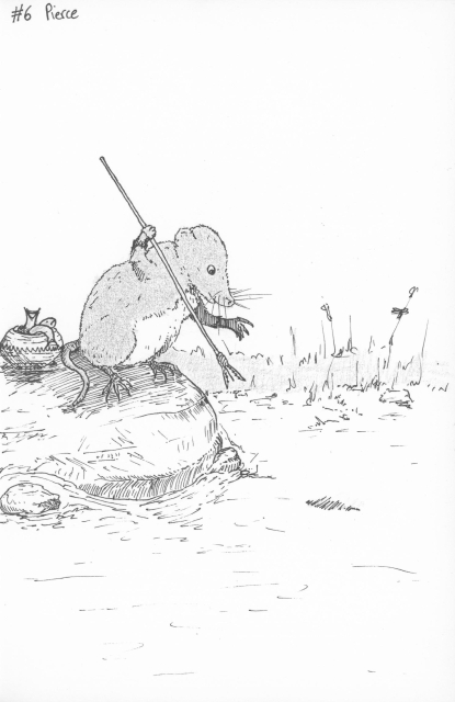 a black and white drawing of a water shrew, fairly accurately proportioned rather than anthropomorphised, holding a fishing harpoon/spear and looking into the water from the vantage point of a large rock. next to it is a basket of already caught fish. a shadow in the water suggests another fish will soon be added to the basket. the shrew has been shaded in lightly with pencil to denote the different shades of the fur