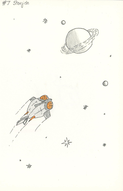 a black and white drawing of a fish-shaped spaceship zooming through space. it has little colour highlights of orange on the "eyes" and the jets. in the background are planets and stars, in black and white