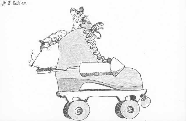 a pen and pencil-shaded black and white drawing of two mice, one wearing goggles on its head and another wearing a safety helmet, sitting in the top of a roller skate which has rockets attached to it. one of the mice is leaning down with a lit match towards the fuse of the rockets, which are tied together