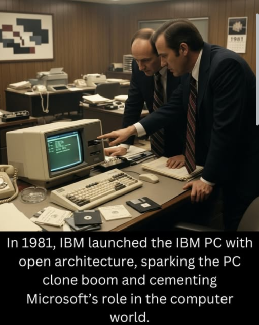 A really bad AI picture that definitely does not show an IBM PC. The more you study it the more comically wrong it gets.
