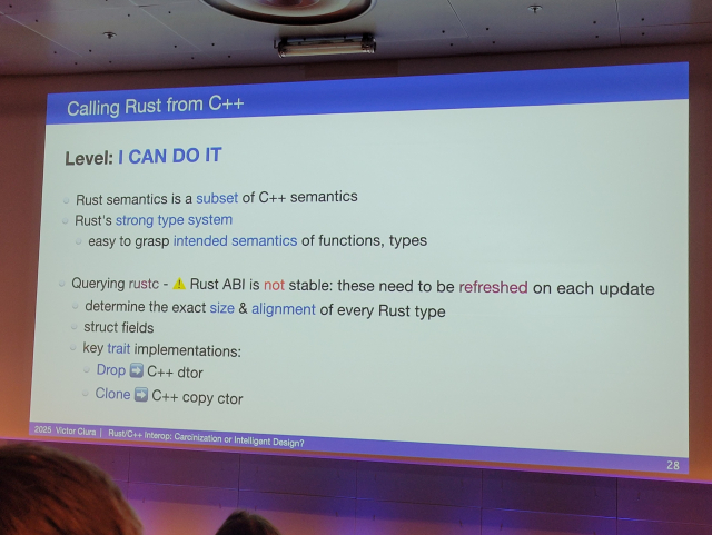 Calling Rust from C++ slide. Doable thanks to Rust's strong type system (intended semantics are clear). However, Rust ABI isn't stable, so tools need to refresh information on every (rustc?) update.
