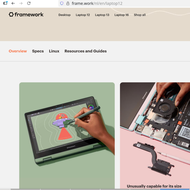 Screenshot of the framework 12 laptop shop page showing krita running on their hardware.