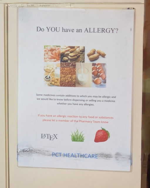 A laminated A4 poster with the title "Do YOU have an ALLERGY?" with three icons, but the icon for latex is the logo for LaTeX the typesetting tool.