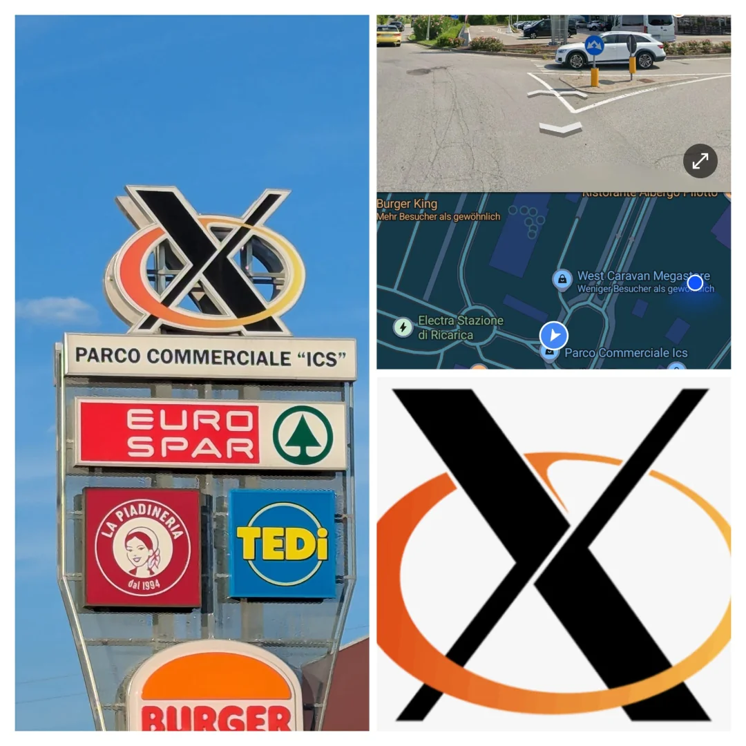 Collage showing that a place in Italy named "Parco Commerciale  "Ics" has the X11 logo as its logo. 