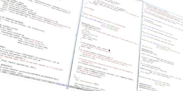 three emacs windows with curl source code slightly slanted