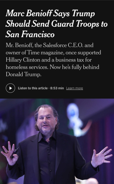 Screenshot of Marc Benioff saying that Trump should send in the national guard to SF