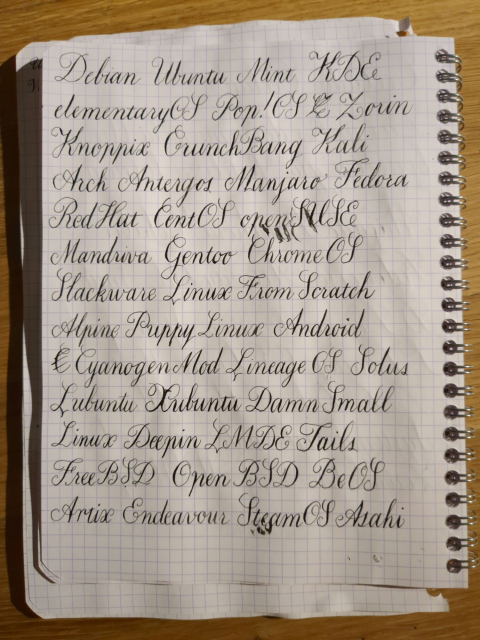 Names of various major Linux distributions written (amateurishly) on graph paper in English round hand script, that stylized cursive that, for example, the "Canadian Club" whiskey wordmark is written in.