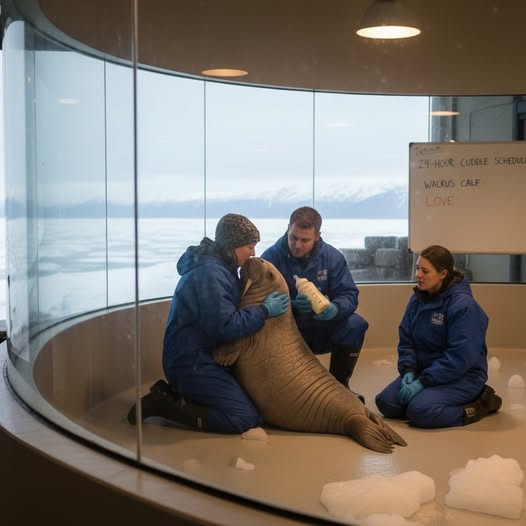Picture of three handlers at Alaska SeaLife Center cuddling with and feeding a walrus pup that was found stranded on the beach near the Slope in northern Alaska. They work in shifts of 3 hours, 24 hours a day.