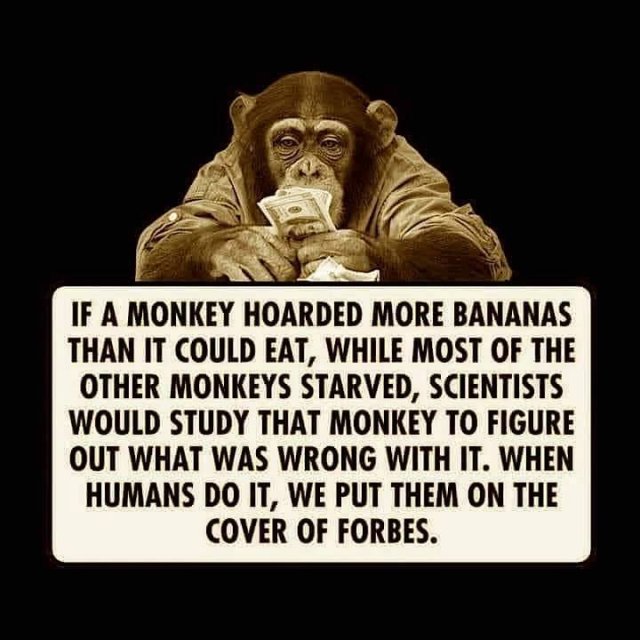 if a monkey hoarded more bananas than it could eat while most of the other monkeys starved, scientists would study that monkey to figure out what was wrong with it. when humans do it, we put them on the cover of Forbes.
