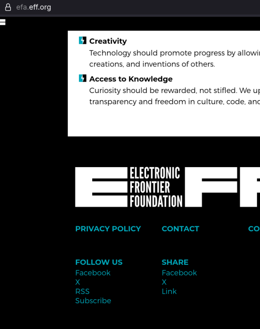 Screenshot showing the EFF logo and "Follow US" links that link to two fascist social media, some RSS and Subscribe. No Mastodon/Fediverse.

The URL bar at the top shows "efa.eff.org"