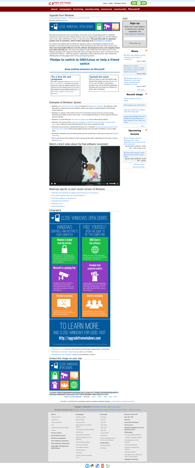 The "Upgrade from Windows" page on the Free Software Foundation website, a designed untouched since 2015, lecturing the reader about the moral superiority of free software compared to Windows and offering no help whatsoever