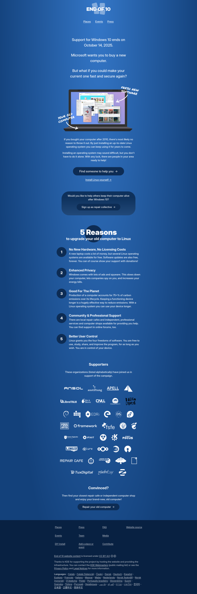 The End of 10 website, offering practical reasons and help to users who wish to move away from Windows, all done with a clear design
