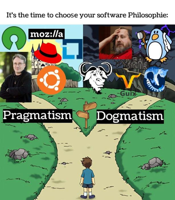 Title: it's time to choose your software philosophy.

A two side meme shows stallman, gnu guix and ... as dogmatism. The other side shows opensource, Linux foundation, OSI and redhat as pragmatism